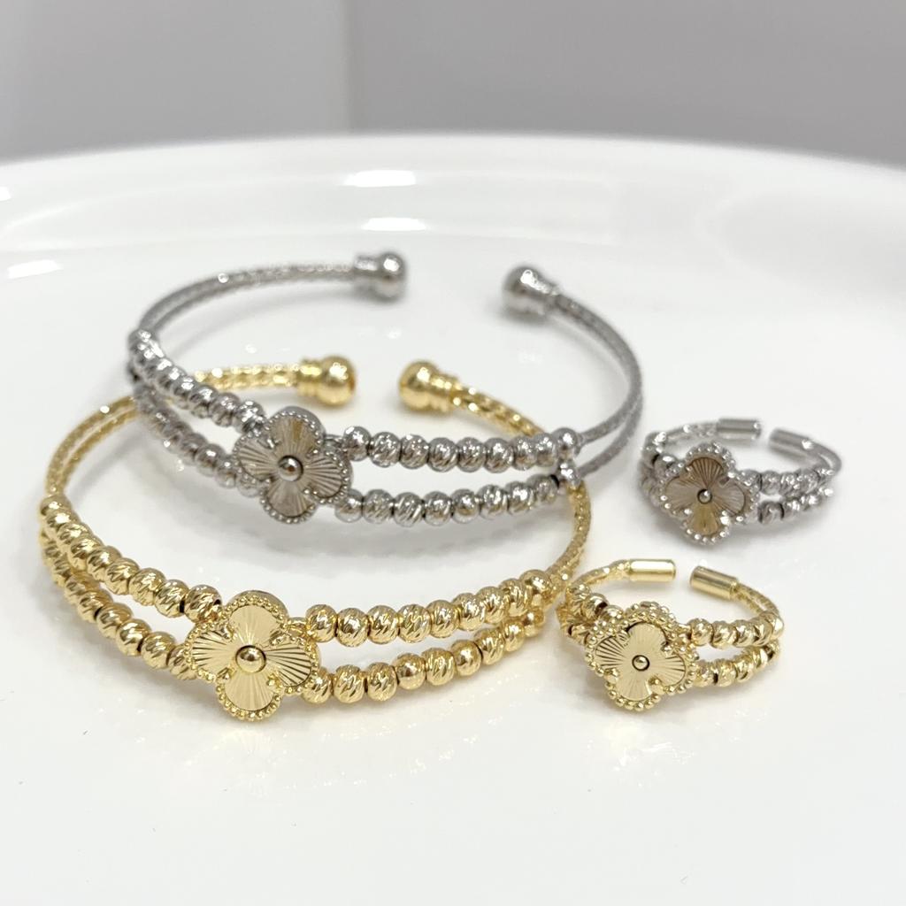 2PCS18K Gold Women's High-end Non Fading Jewelry Ins Four Leaf Clover Pure Copper Bracelet Ring Set