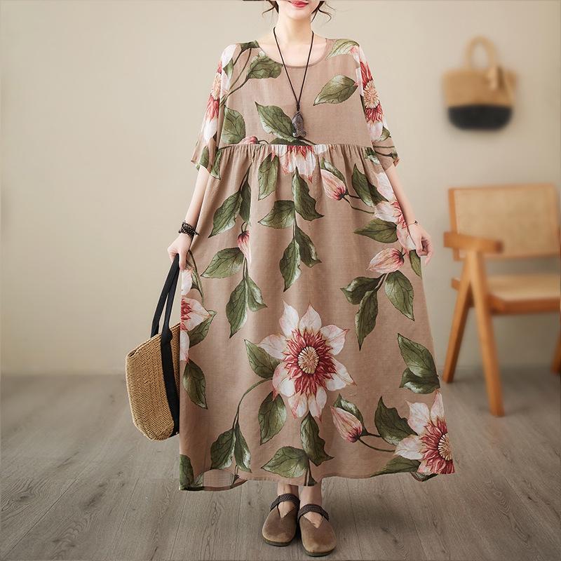 

Летнее богемное пасторальное платье с коротким рукавом большого размера для женщин 2023 One Size Plus кофейный