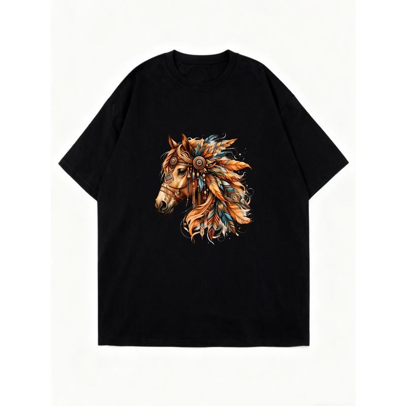 Oversized T-Shirt Black Horse Head With Feathers And Tribal Design Casual Wear For Women