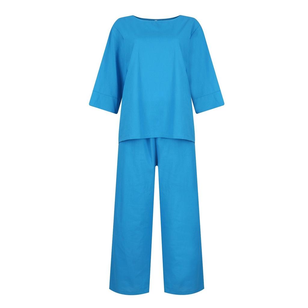 Women's Round Neck Color Casual Cotton Linen 3/4 Sleeve Top And Pants Set
