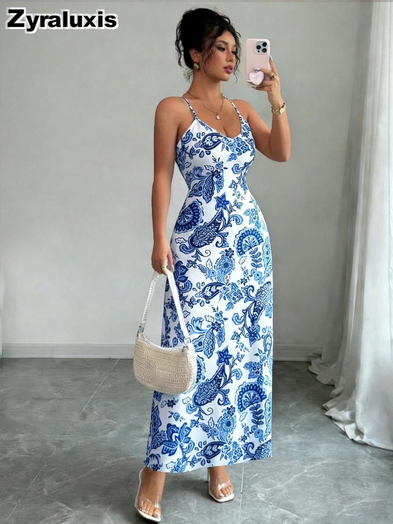 French Vintage Blue and White Porcelain Style Strapless Dress for Women Summer Slim Fit Long Beach Cover-Up Maxi Skirt