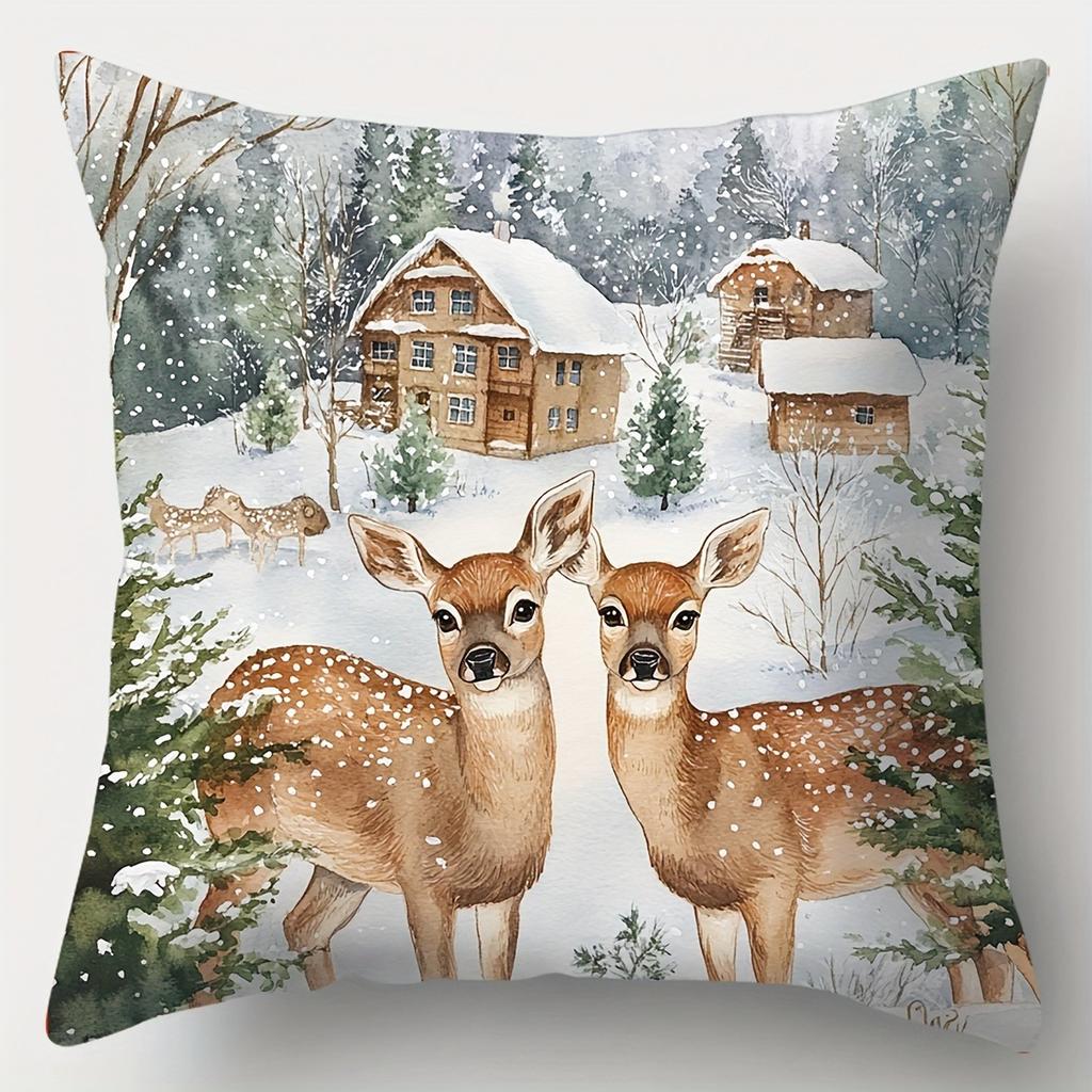 Christmas Pillowcases: Snowy Woods with Rabbits, Cottages, and Deer Sofa room cushion cover home decoration new year gift