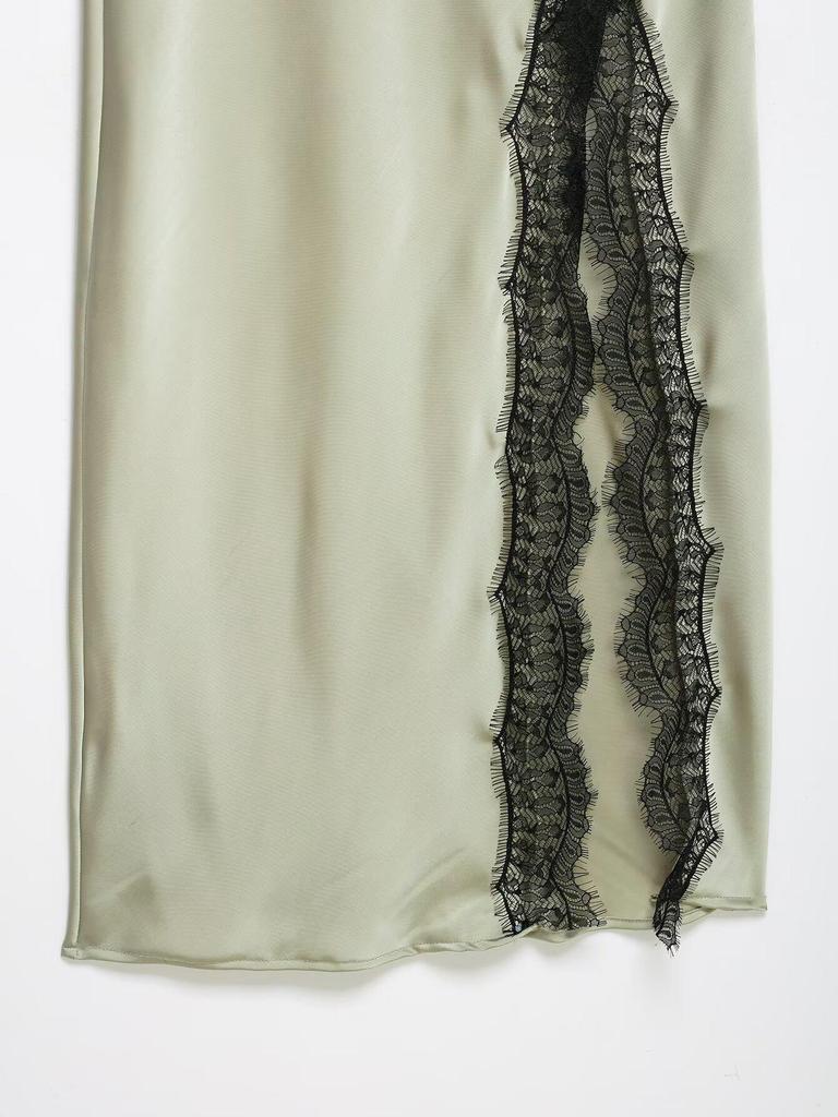 Spring 2026 European & American Lace Trim Camisole Maxi Dress with Sexy Slit