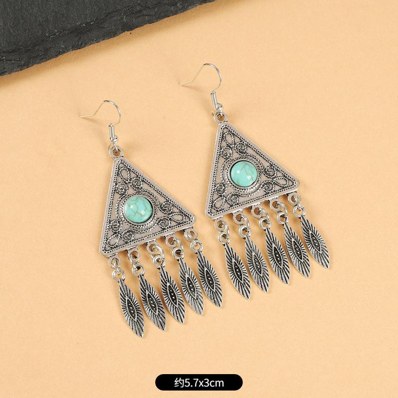 Vintage Miao silver fringed earrings with turquoise long Indian bohemian earrings Exotic earrings