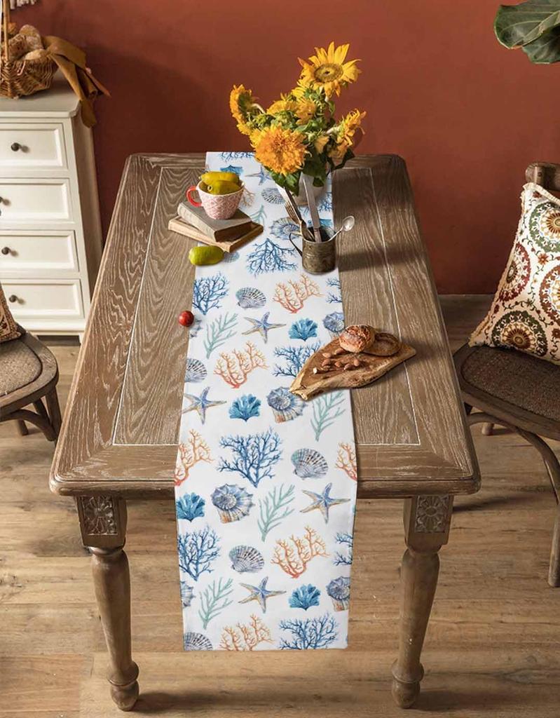 Ocean Starfish Conch Shell Linen Table Runner Dresser Scarves Decor Farmhouse Kitchen Dining Table Runner Holiday Party Decor