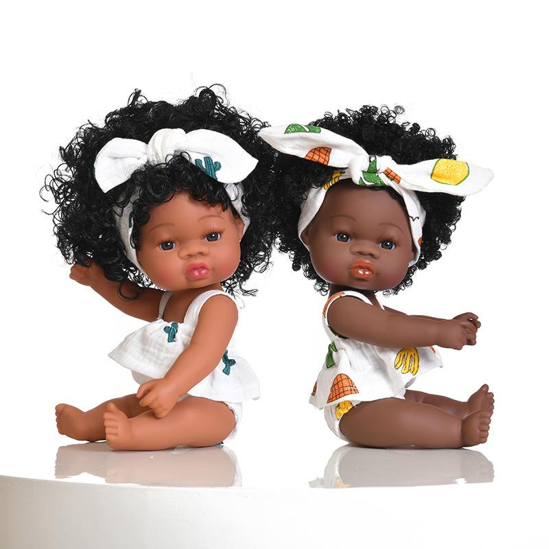 Cute 33cm Black Skin Reborn Girl Dolls with Afro Hair Full Silicone Body Lifelike Newborn Doll Open Eyes Alive Bebe Reborn Doll Children Holiday Gifts