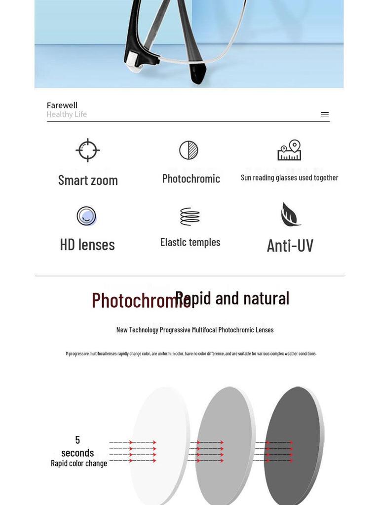 Unisex Smart Photochromic Presbyopic Glasses: Fashionable, HD, Anti-Blue Light, Ultrathin Design
