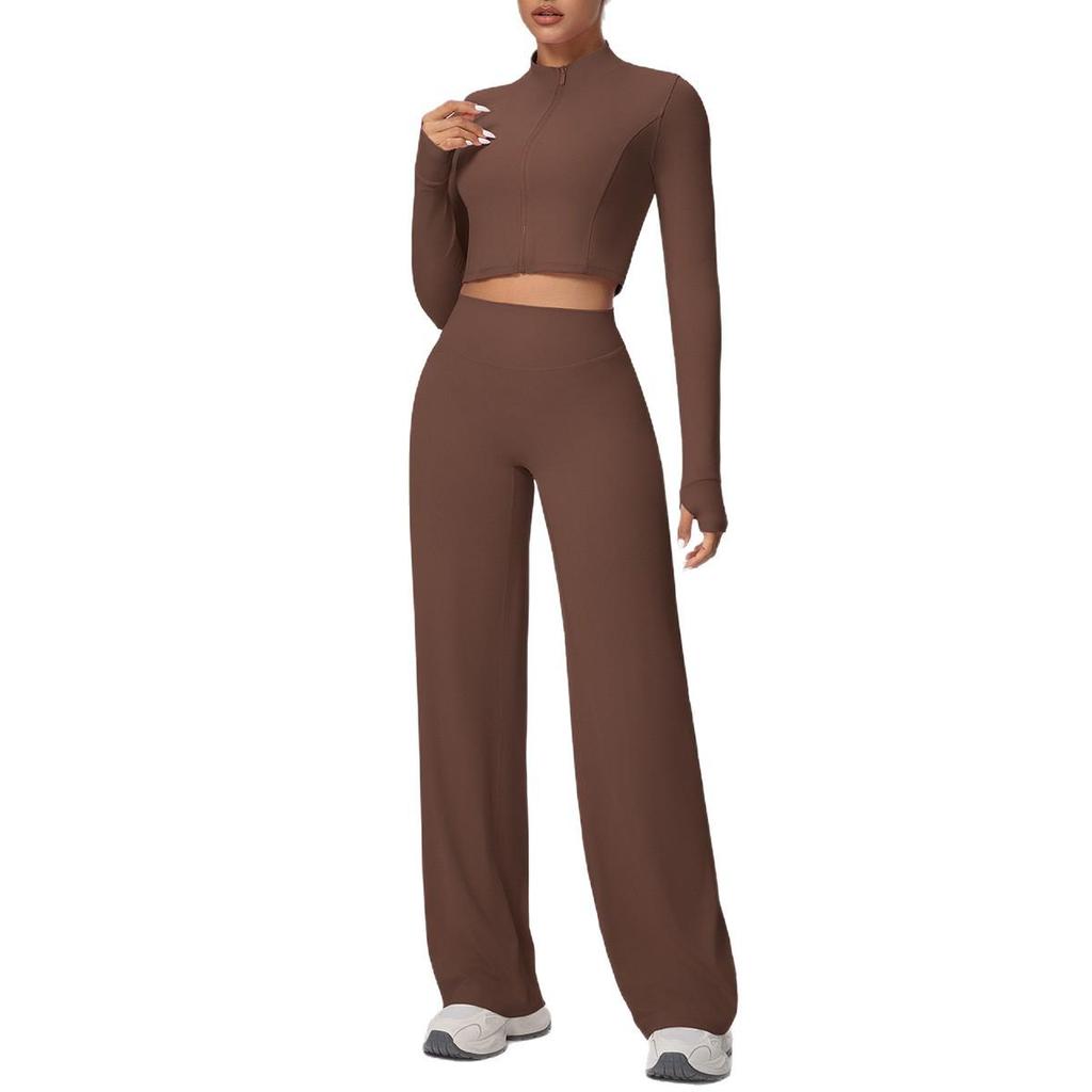 New Cross-border Solid Color Zip Jacket & Wide Leg Yoga Suit - Two-piece Fitness Set