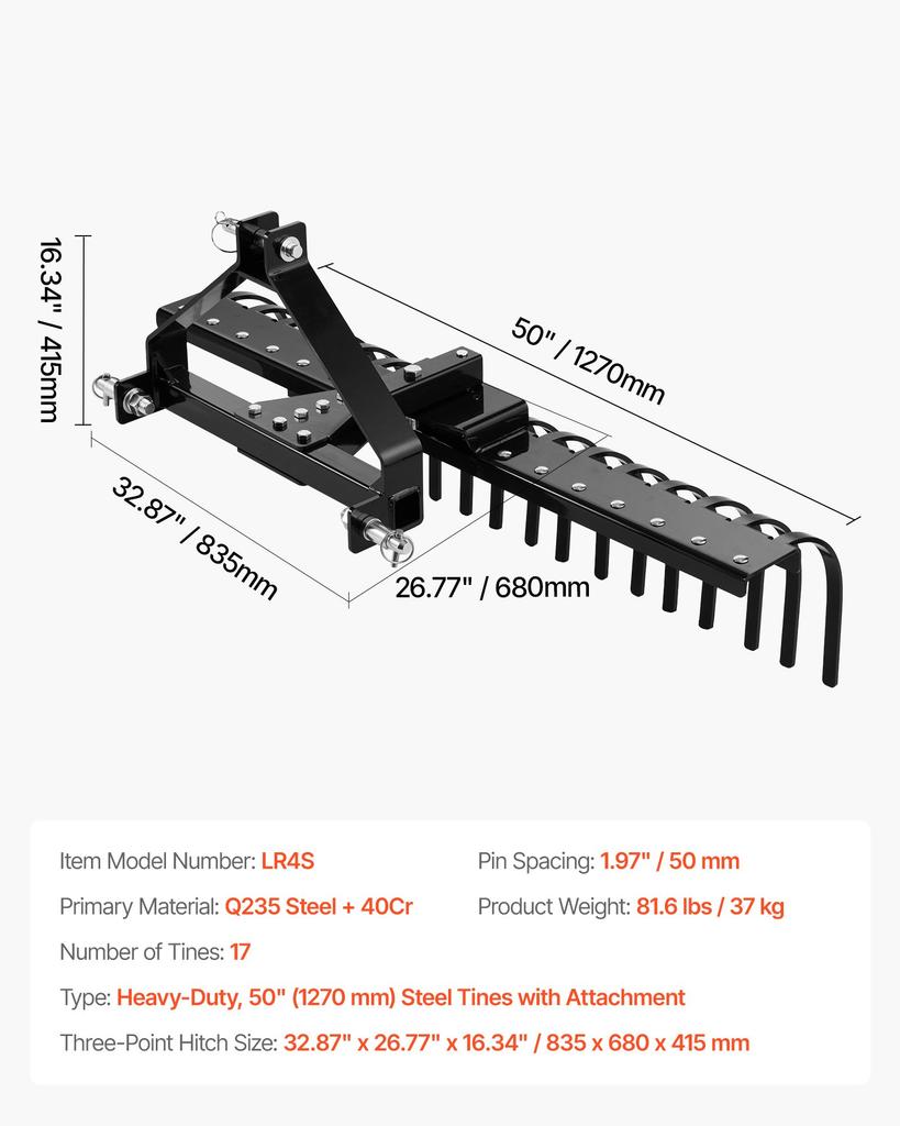 VEVOR 127 Cm Lanscape Rock Rake, 3-Point Tow Behind Landscape Rake with 17 Steel Tines, Fit Category 1 Tractors, Angle Adjustable