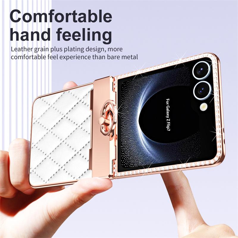 For Samsung Galaxy Z Flip7 5G PU Leather Plating Glitter Bling Diamond Ring Hinge Phone Case Screen Protect Film ShockproofCover
