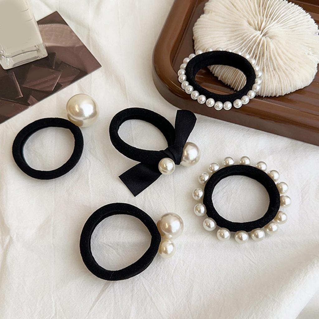 Pack Of 5 Elastic Hair Tie Set With Artificial Pearl Design For Women Girl NonSlip Hairband Hair Rope for Everyday Wear