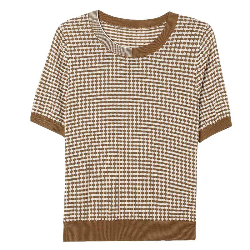 Dünnes Strickshirt Sommer Neu Kariertes T-Shirt Damen Kurzarmtop