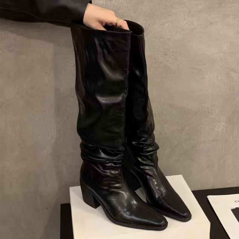 

High Heels Women S High Boots Luxury Pointed Toe Chunky Shoes Fashion Chelsea Boots New Pumps Fashion Leather Mujer Botas 40