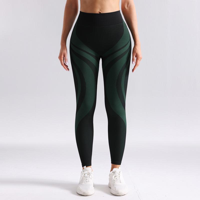 

2025 Seamless Color Block High Waist Butt-Lifting Yoga Pants for Women - Breathable, Long Length, Striped Sport Trousers Medium зелений