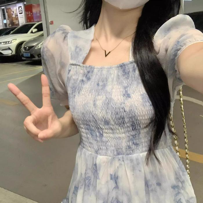 Large size women's floral dress women's summer waist and thin skirt super fairy Mori fat mm drape a-word skirt