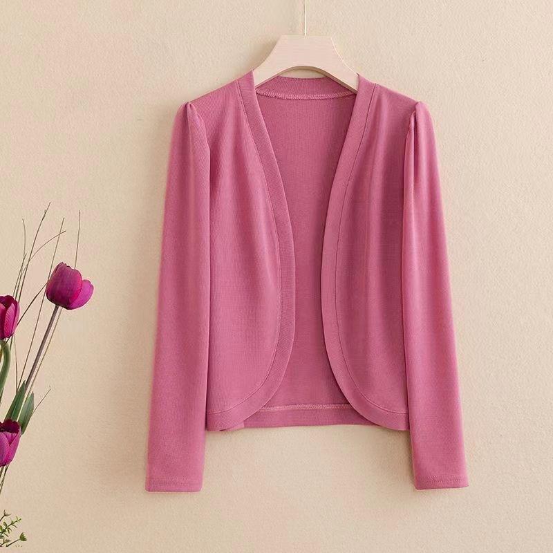 Summer Women's Thin Cardigan Long Sleeve Solid Color Ice Silk Knitted Sunscreen Shirt Open Front Short Cardigan Top