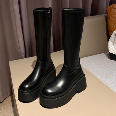 Cow Leather Autumn Winter Shoes Round Toe Thick Bottom Women Platform Stretch Thigh High Boots