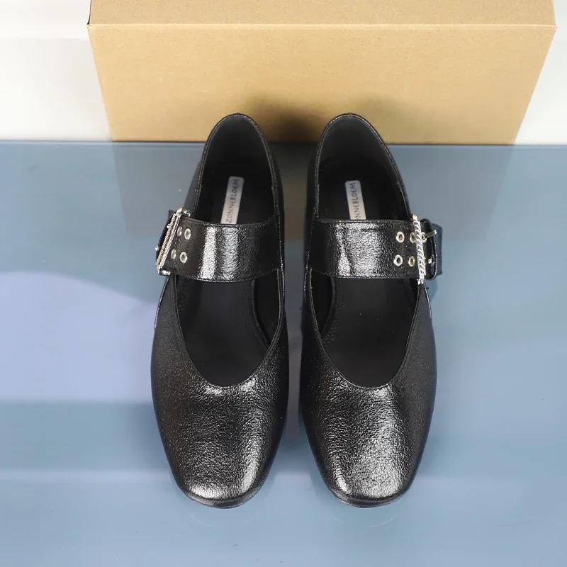 Fashion High Quality Women's Mary Jane Shoes Vintage Round Toe Soft Leather Black Decorative Strap Buckle Barefoot Flats for Female