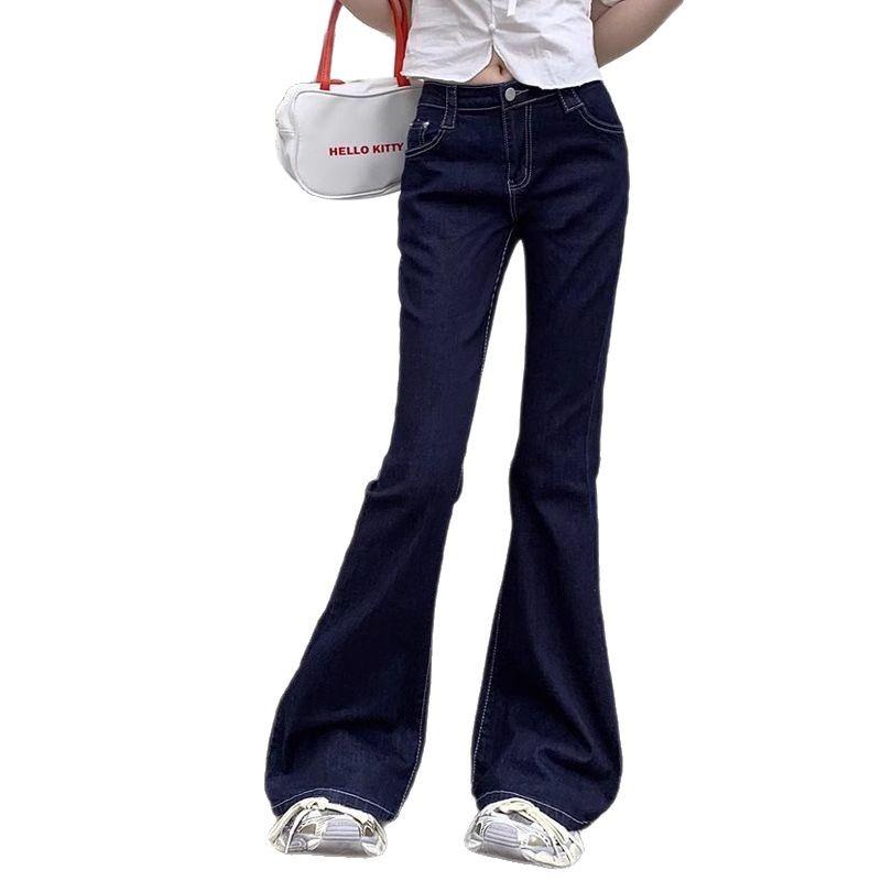 Women's Petite High-Waist Dark Blue Flare Jeans - Retro Washed, Stretchy, Slimming, Long Straight Leg Trend