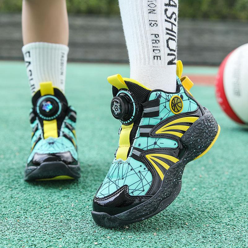 Breathable mesh children's basketball shoes 2025 spring and summer new classmates rotating button children's sneakers non-slip sneakers
