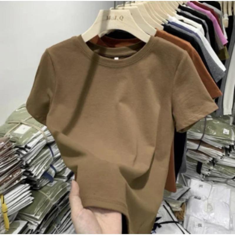 

Жіночі модні повсякденні літні весняні одноколірні блузки та сорочки з коротким рукавом і круглим вирізом із принтом YYFS XL колір темно кави