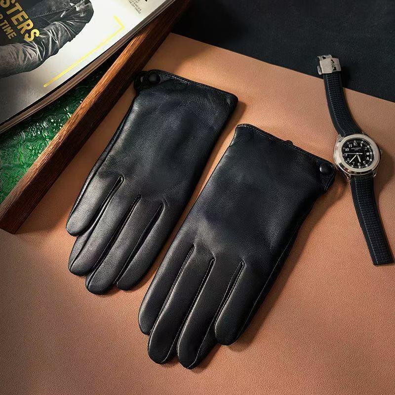 Men'S Leather Gloves Winter Warm Fleece Touch Screen Non-Slip Driving Riding Outdoor Leather Gloves Men'S