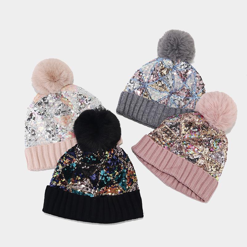 Women S Sequined Knit Hat Autumn Winter Warm Ear Protection Street Style Casual Hat
