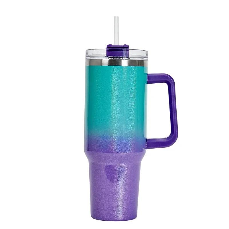 Handle Insulated Cup Ice Cream Cup Car Large Capacity Stainless Steel Rainbow Paint 40oz Car Cup Straw