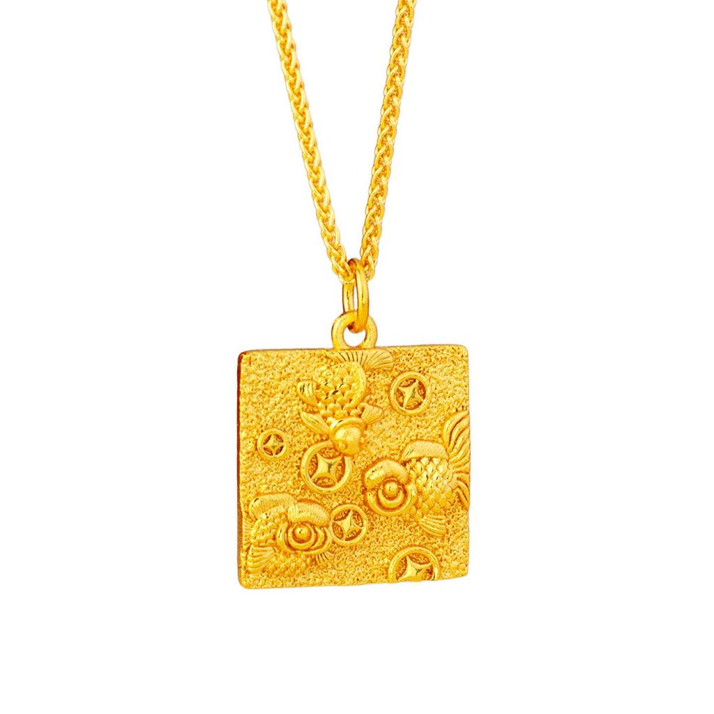 Vintage Gold Koi & Coins Square Pendant Necklace for Women - Elegant Clavicle Chain Jewelry