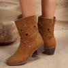Fashion 2025 Spring and Autumn Fashionable Women's Retro Cowboy Boots Chic Star Hollow Round Toe Mid-Heel Mid-calf Boots for Women