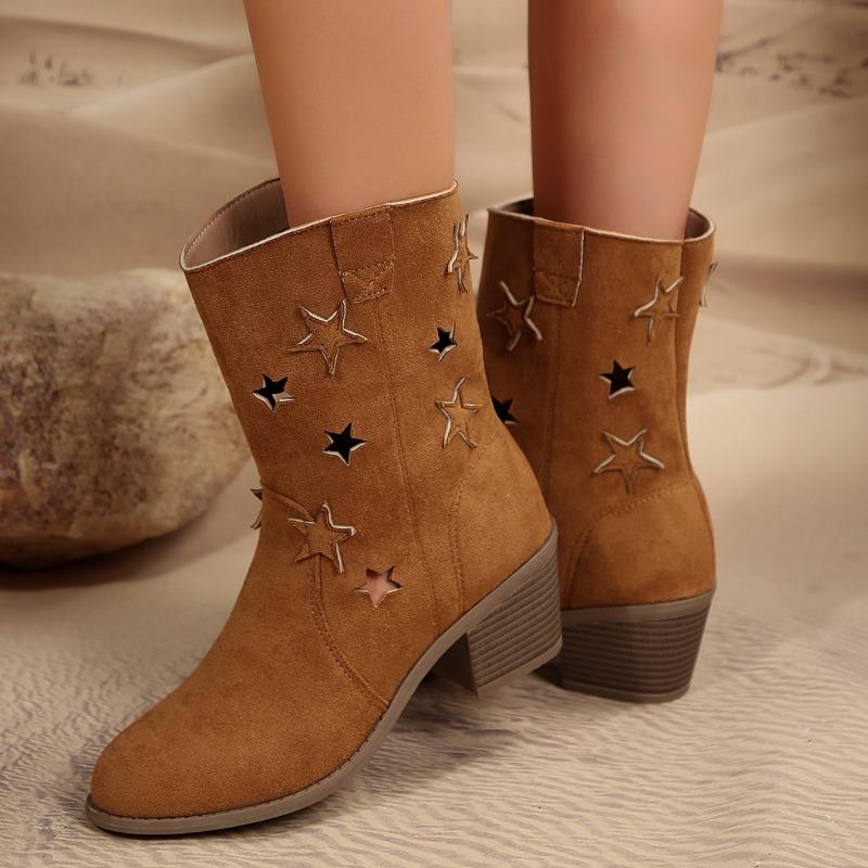 Fashion 2025 Spring and Autumn Fashionable Women's Retro Cowboy Boots Chic Star Hollow Round Toe Mid-Heel Mid-calf Boots for Women
