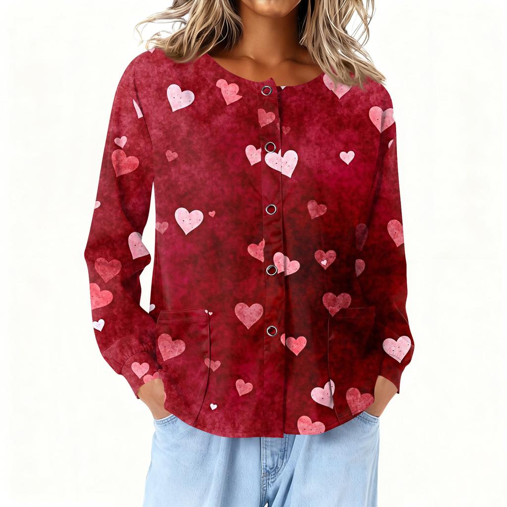 Women Long Sleeve Printed Pocket Working Stand Collar Single-breasted Protective Overalls Cardigan Jacket Top