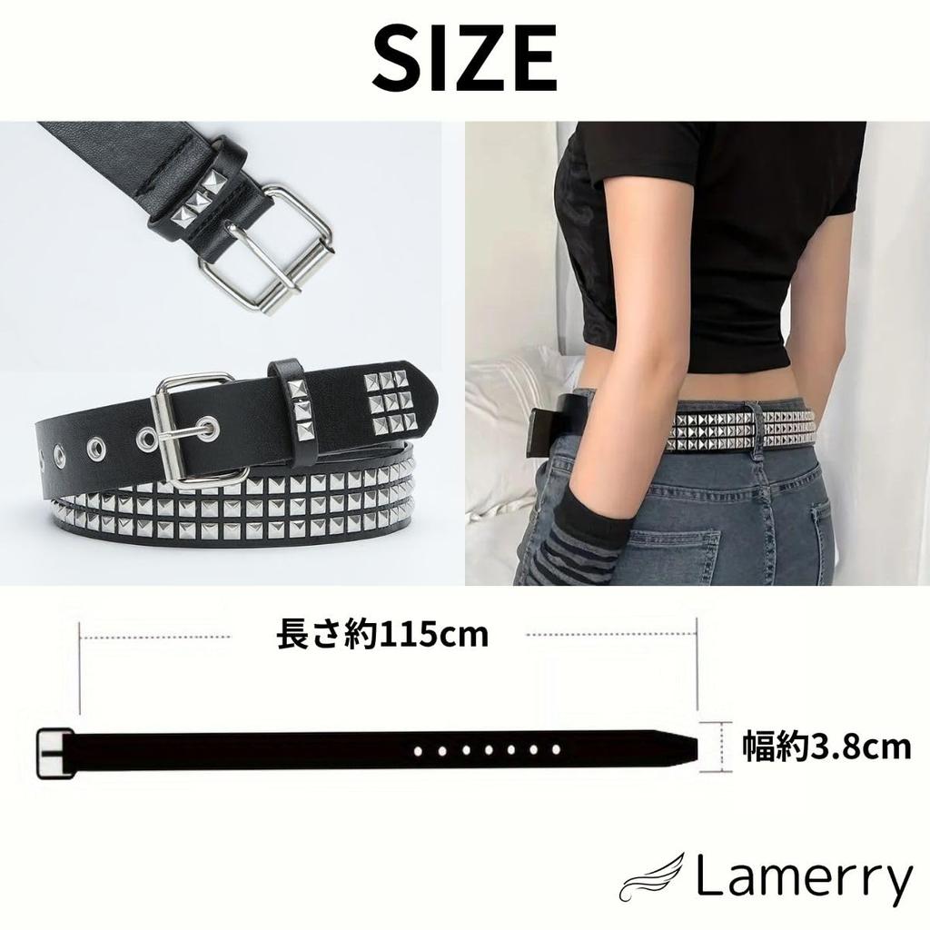 [Lamerry] Studded Belt, Unisex, Punk, Jeans, Y2K, American Casual, Stylish, Streetwear, Bling Bling, 115cm, Black