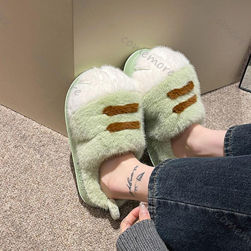 Fashion Comemore Cute Tiger Paw Cotton Slippers for Women Thick Bottom Indoor Warm Furry Cotton Shoes Winter Cartoon Flat Fur Slippers