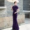 Purple golden velvet cheongsam new model dignified atmosphere catwalk hanfu long sequined fishtail performance clothes