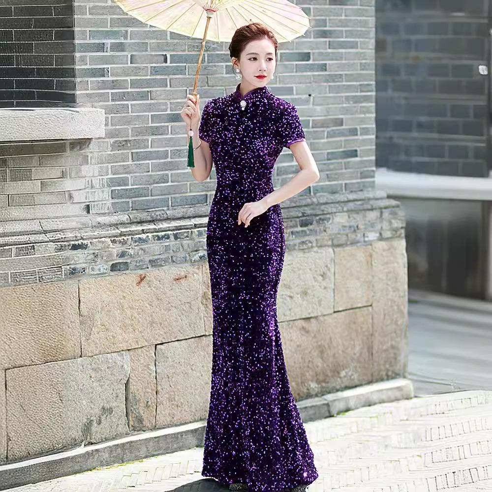Purple golden velvet cheongsam new model dignified atmosphere catwalk hanfu long sequined fishtail performance clothes