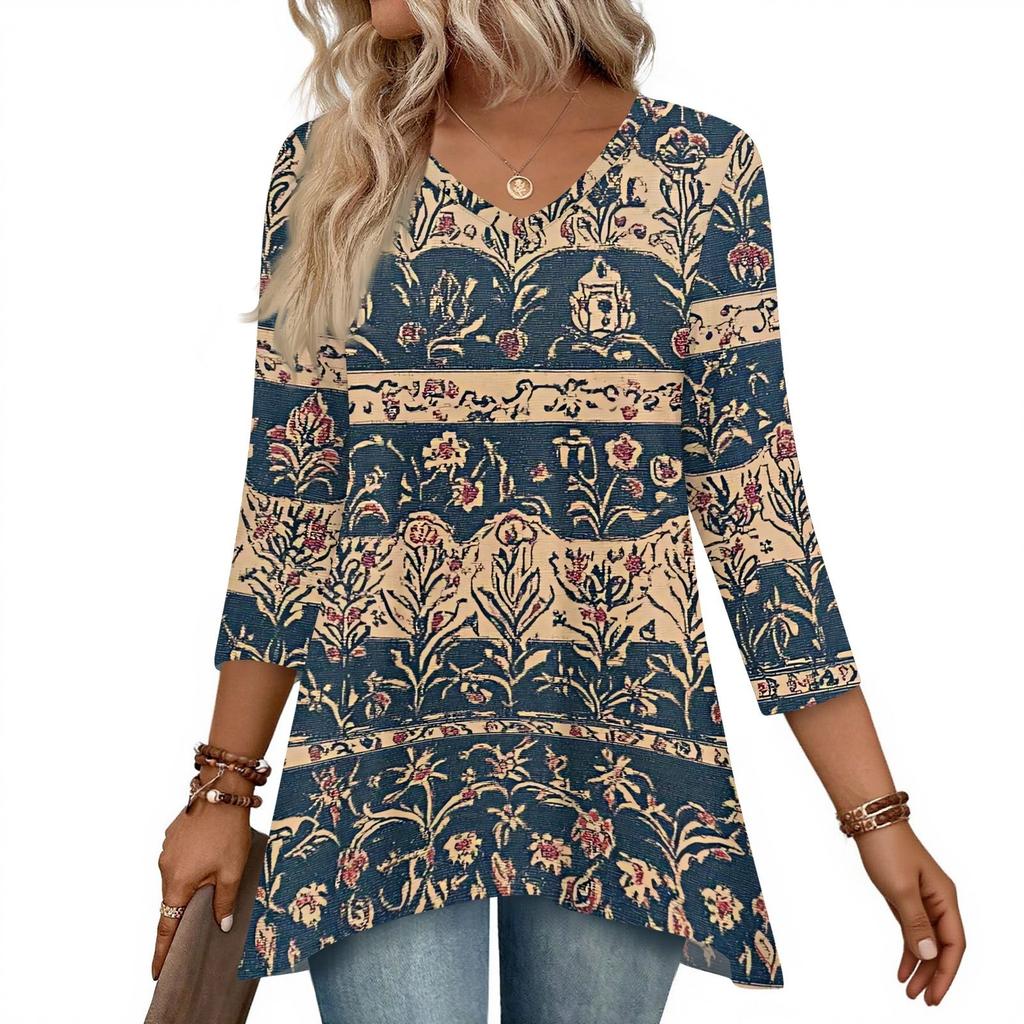 Dámské topy s výstřihem do V a 3/4 rukávem, ležérní košile střední délky, módní tuniky s potiskem