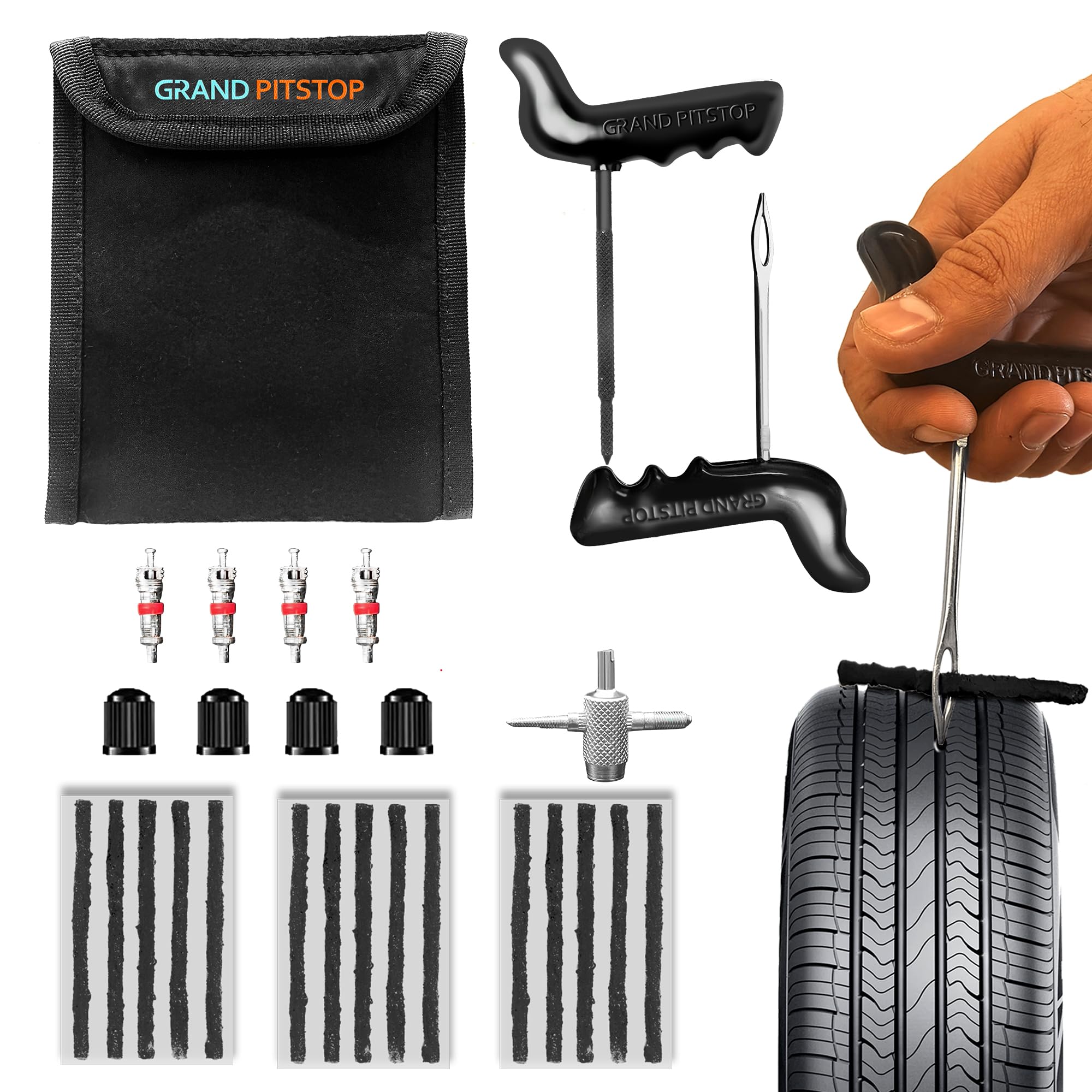 

GRAND PITSTOP Tire Plug Kit 27pcs Universal Heavy Duty Car Emergency Tool Kit for Puncture Kit+15 Strips