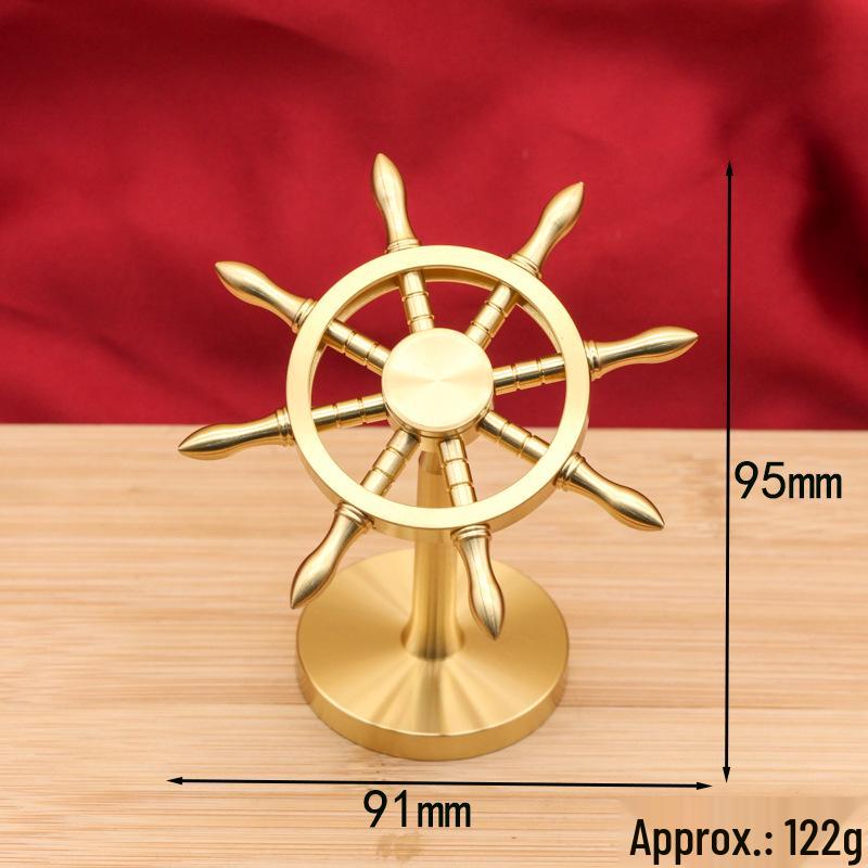 Brass Ship's Wheel Ornament - Helmsman Navigator Desktop Decor Copper Craft Spinner