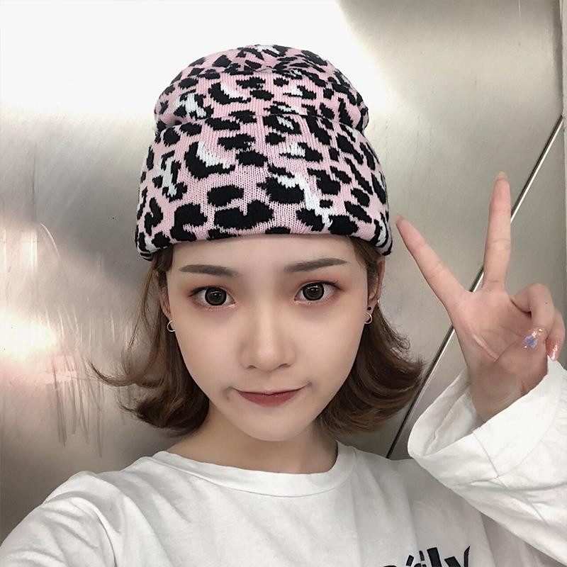 Wool Hat Female Leopard Print Knitted Elastic Warm Versatile Pullover Knitted Hat Autumn and Winter Thickened Ear Protection Hat Male