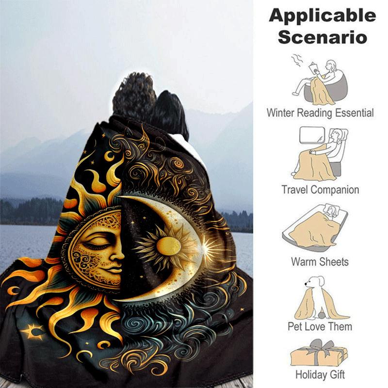 1pc Sun Moon Printing Lightweight Flannel Blanket, Comfortable and Warm Blanket, for Camping Sofa Bed and Couch Office, in All Seasons