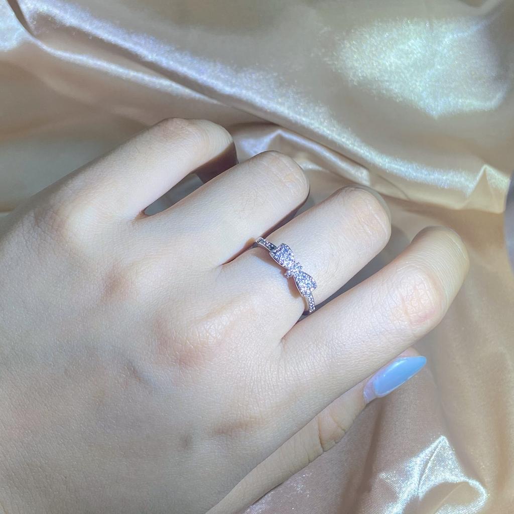 New Exquisite White Zirconia Bow Ring Sweet And Simple Party Birthday Gift Stamp Fashion Jewelry