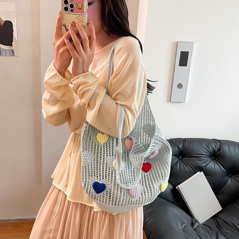Hollow Out Lover Heart Thread Woven Bag Beach Handbag Tote Bag Beach Bag Large Capacity Bohemian Style Shoulder Bag Girls CLE
