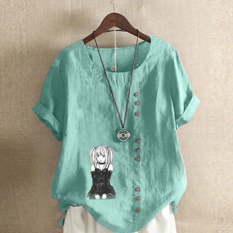 Women's Fashion Cool Girl Print Short Sleeve T-shirt Loose Cotton Shirt Casual Loose Summer Blouse Tops Plus Size