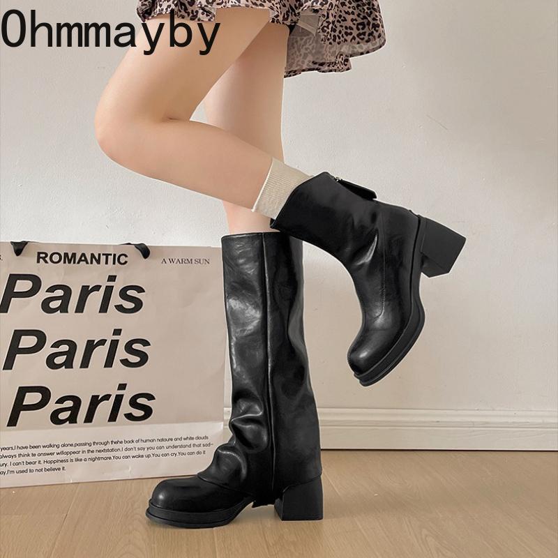Vintage Plateau Dicke Ferse Damen Röhrenstiefel Abnehmbar Zwei Tragevarianten Schuhe Herbst Winter Damen Elegant Schmal Lange Stiefeletten
