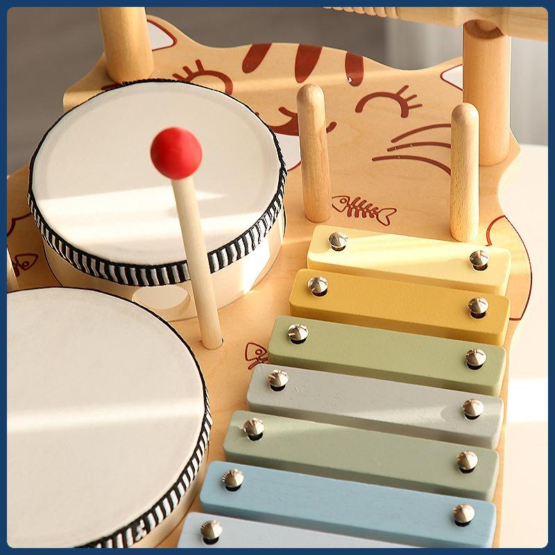 Kids Wooden Montessori Musical Percussion Toys - Xylophone Drum Gong Hand Drum Educational Toddler Toy