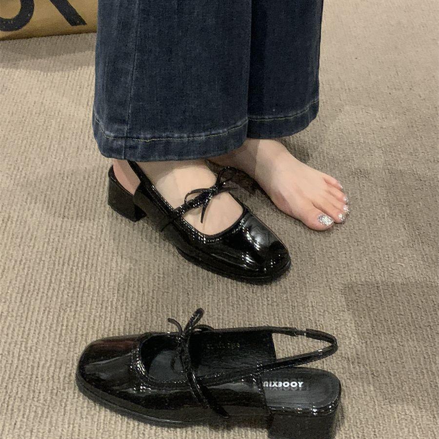 Temperament Bag Head Sandals Women's Shoes Spring and Summer 2025 New Thick Heel Patent Leather Red Bow Light Mouth Cool Single Shoes