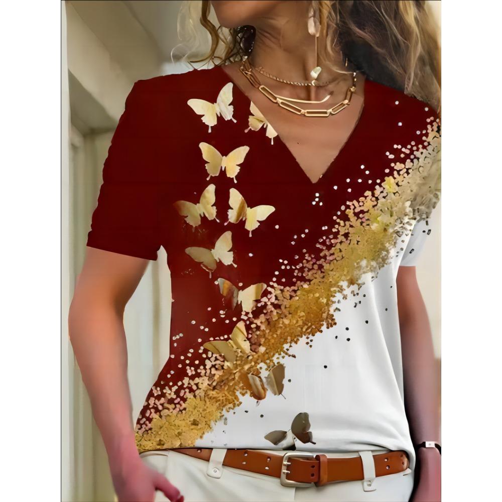 Women's 3D T-shirt Summer V-neck Short Sleeve Butterfly Print Cute Girl's Top Fashion T-shirt Women's Clothing