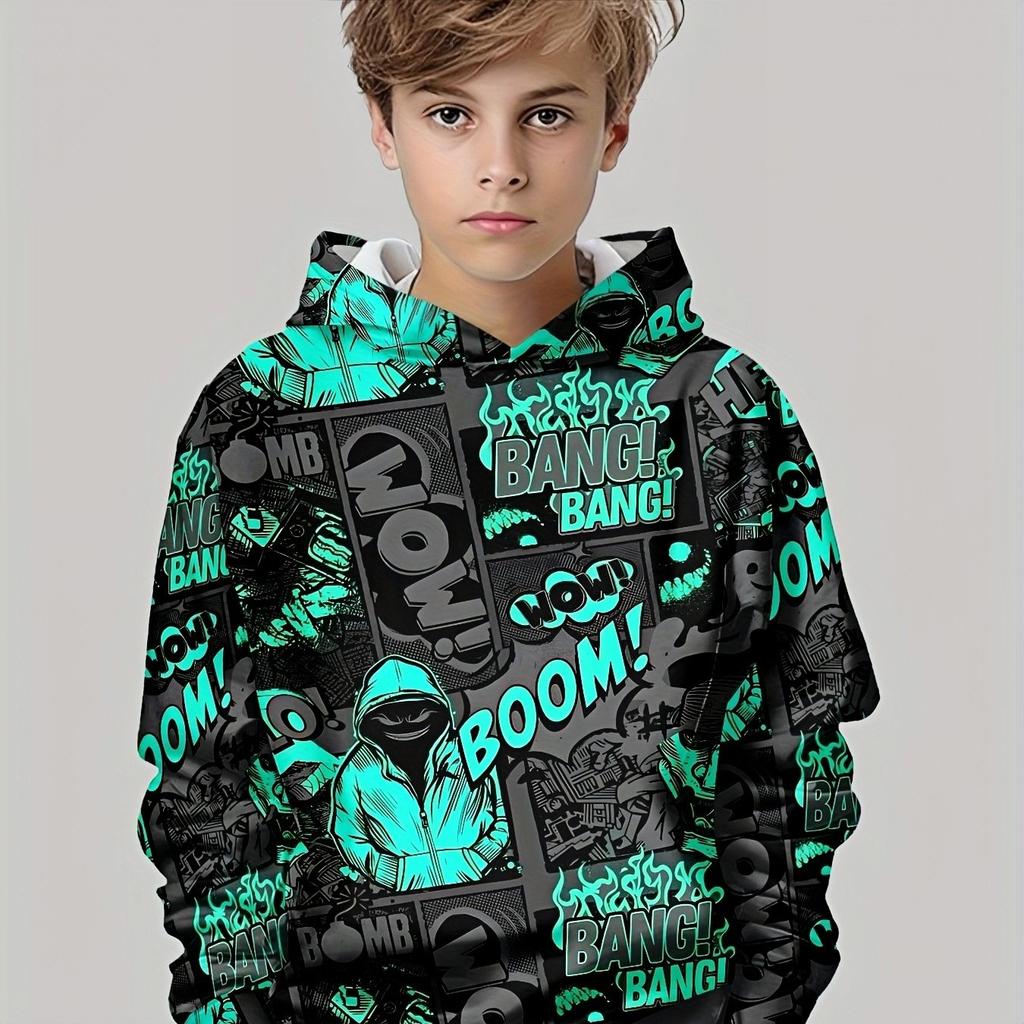 Boys' Street Style Manga Graffiti Digital Printed Hoodie, Cool Street Trendy Item