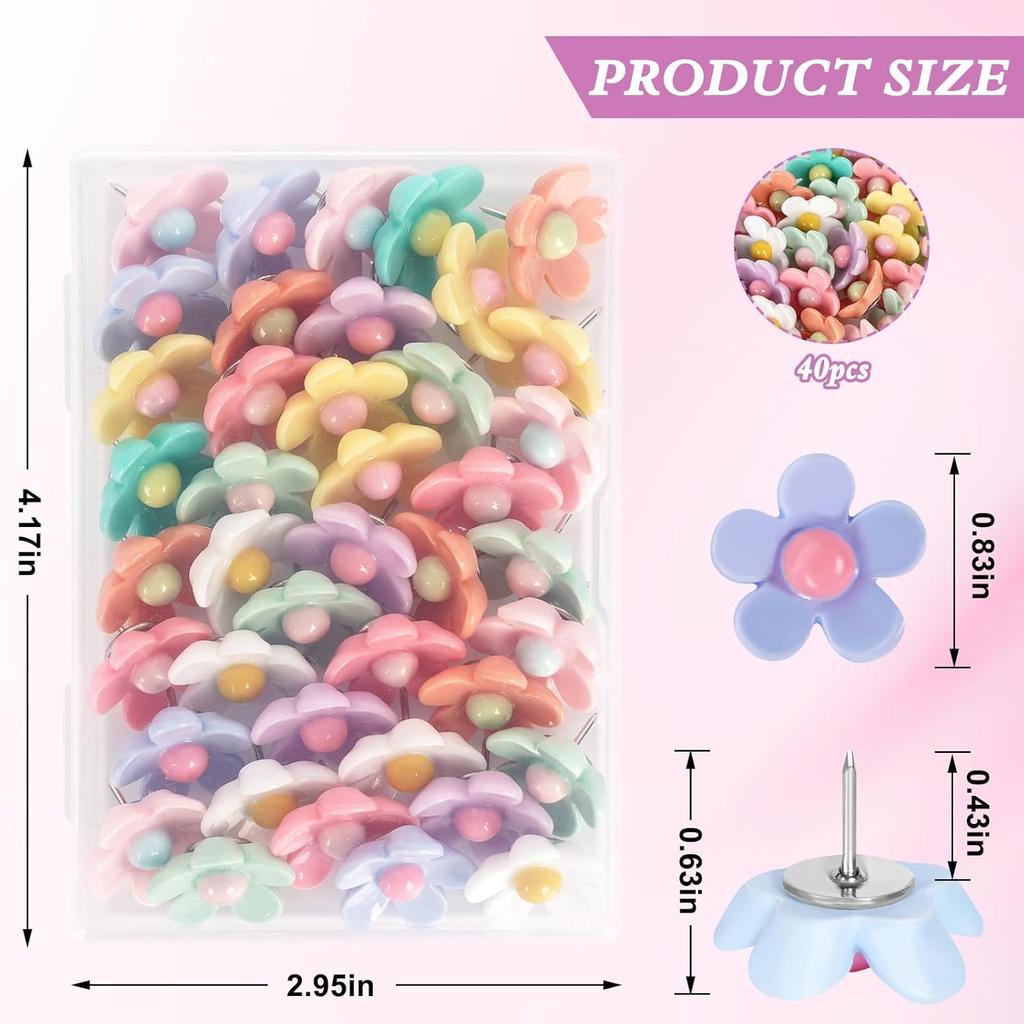 40 PCS Decorative Push P, Thumb Tacks for Bulletin Board, Cute Thumbtacks, Colorful Flower Pin Tacks for Cork Board Map Photo Poster Calendar